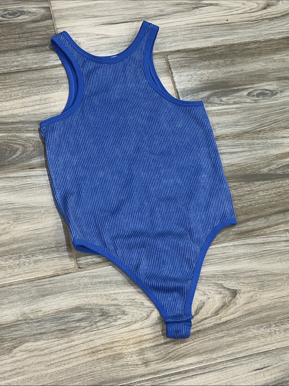 Ribbed Blue Sleeveless Bodysuit for Women
